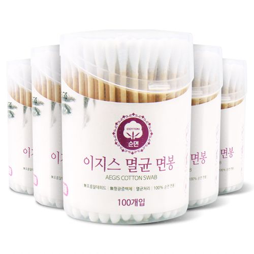 이지스 순면 멸균 면봉 500개입 100% 순면 무형광, 5개, 100개입