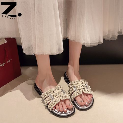Zoovit 여성 여름 플랫 샌들 진주 일상 일자핏 미끄럼 방지 슬리퍼