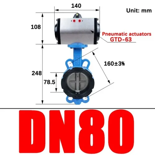 공압 버터플라이 밸브 D671X-10/16 웨이퍼 유형 구형 Lnk 304 스테인레스 스틸 빠른 차단 밸브 DN40/50/65
