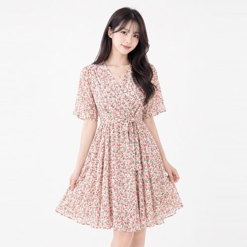 여성 로맨틱 플라워 브이넥 쉬폰 반팔 원피스