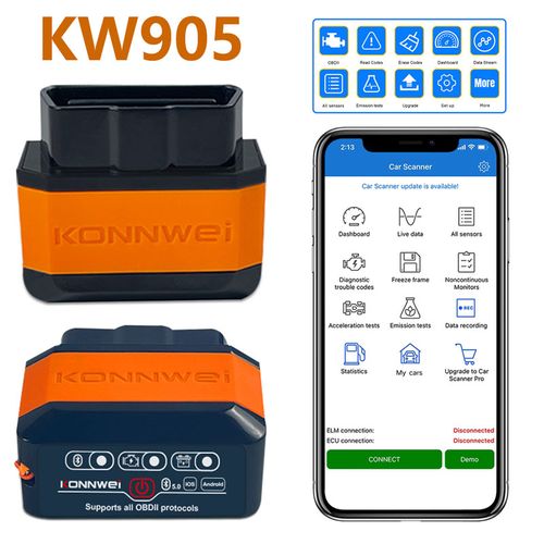 바코드스캐너KONNWEI 블루투스 5.0 스캐너 KW905 OBD2 ELM327 V1.5 안드로이드 IOS ELM 327 OBD 2