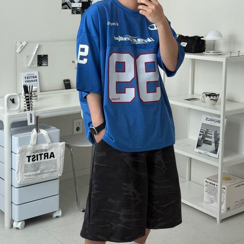 르위 블록코어 유니폼 져지 오버핏 브이넥 반팔 티셔츠 매쉬 럭비 풋볼 사커 스포티 반티 빅사이즈