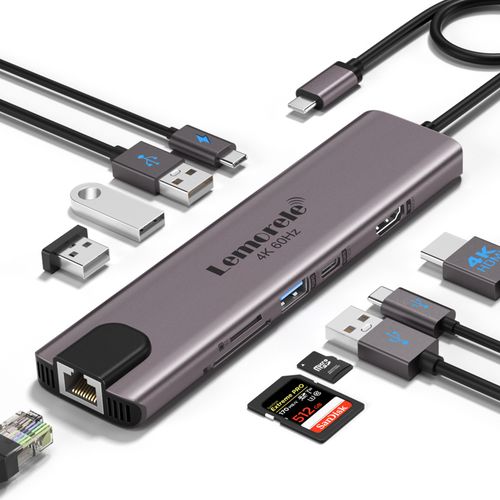 Lemorele 10in1 USB-C 허브 4K@60Hz HDMI PD 100W 기가비트 이더넷 멀티 어댑터, 1개, TC46