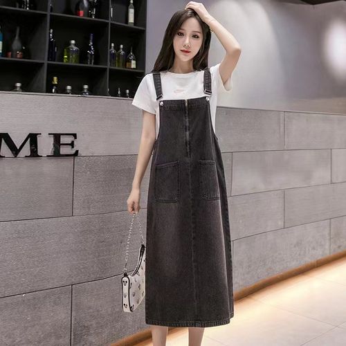 Angel 청 멜빵 뷔스티에 루즈핏 데님 원피스