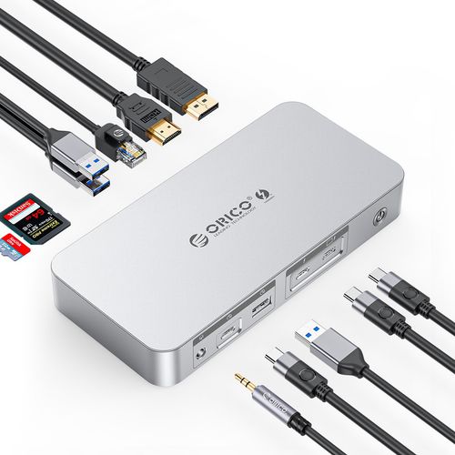 오리코 12 in 1 썬더볼트4 데이지 체인 DP HDMI 8K30Hz 40Gbps SD/TF 네트워크 도킹스테이션 TB4, 실버, 1개