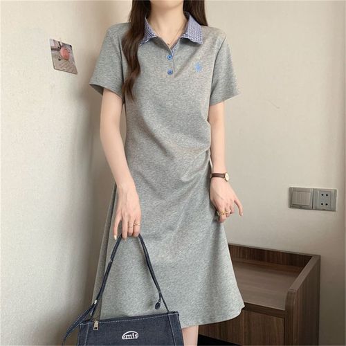 TKX 여성용 여름 체크 배색 카라넥 미디스커트 편안한 빅사이즈 체형커버