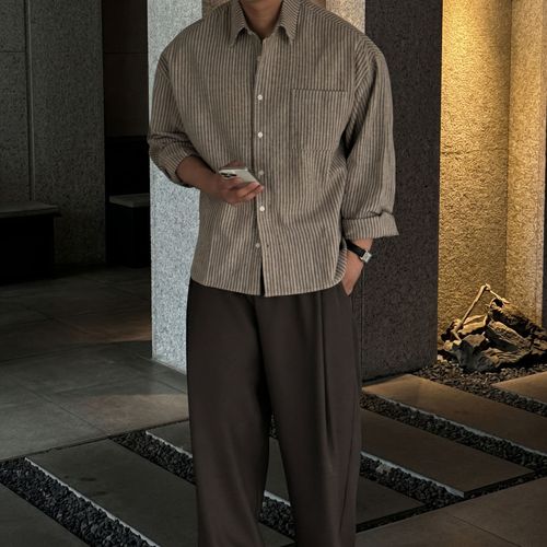 코튼 스트라이프 크롭 오버핏 린넨 셔츠