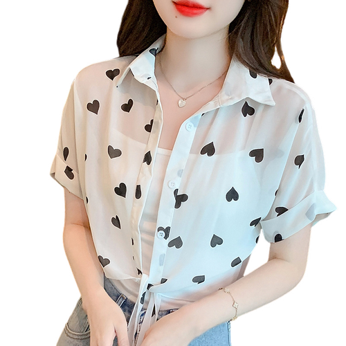 여성용 쉬폰 프린트 숄 쇼트 플라워 반팔 셔츠 뉴타임즈 O589A581