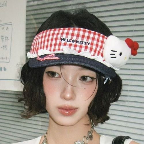 헬로키티 바이저 모자 귀여운 카와이 산리오 체크무늬 햇빛 가리개 모자 UV 차단 조절 가능한 여름 모자 여성 소녀 야외 스포츠 선물