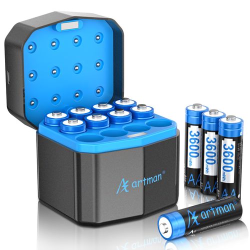 Artman1.5V AA 리튬 충전지 12알 + LED 12구 충전기 세트, 도어락 장난감용 대용량, 1개, 1세트