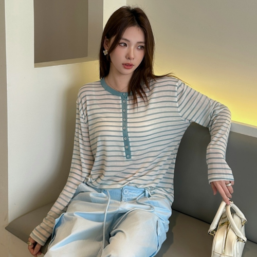 무니유유 텐셀원단 레트로 반오픈 스냅버튼 스트라이프 아이스 쿨 긴팔 티셔츠