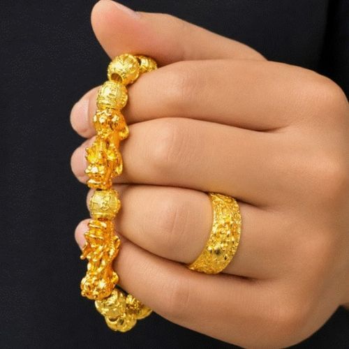 2종 풀세트 비휴 반지 팔찌 10mm 골드 도금 육자진언 와이드 염주 오픈링 재물운 행운 소원성취