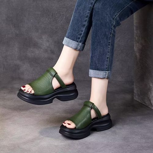 통굽 슬리퍼 여성 여름 빈티지 소프트 레더 오픈토 컴포트 샌들 로마 샌들 5cm