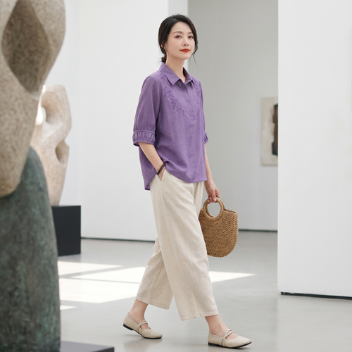 ANYOU 여성 면 마 세트 자수 반팔 셔츠 와이드 팬츠 빅사이즈 여름 캐주얼