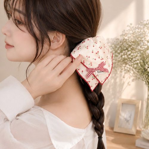 일호장신구 앵두 패턴 리본 사각 곱창 밴드 체리 빈티지 헤어슈슈 스크런치 악세사리
