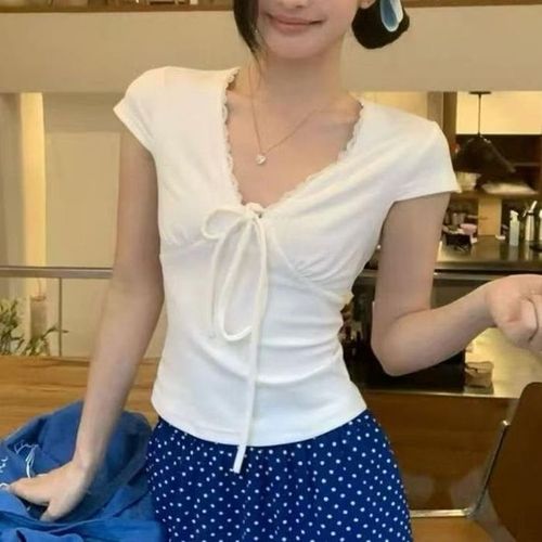 브이넥 레이스 트림 리본 타이 랩 크롭 반팔티 화이트 여자 슬림탑 (50762131)