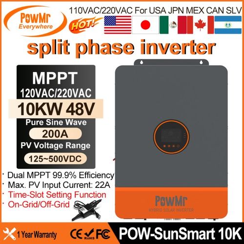 PowMr 10KW 48V 분할 위상 인버터 올인원 하이브리드 태양광 인버터 110/220VAC 출력 PV 500VDC, 듀얼 MPPT