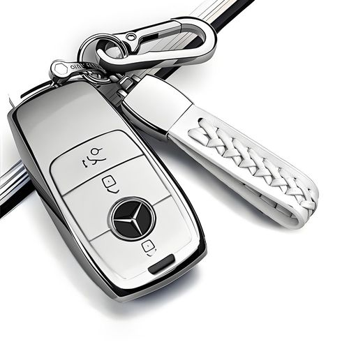 MODACE 벤츠 호환 자동차 스마트키 케이스 TPU Benz 키홀더 + 가죽 메탈 키링, 와 마름모 키링, 브라이트 화이트