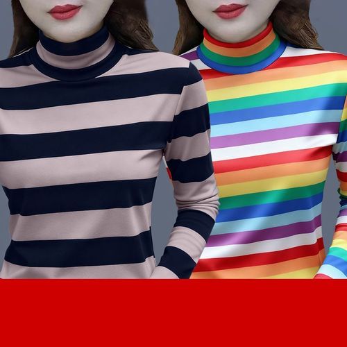 1+1 여자 긴팔 티셔츠 캐주얼 슬림핏 여성 목폴라 긴팔티 2피스 봄 가을 여성용 긴소매 상의 CJJ