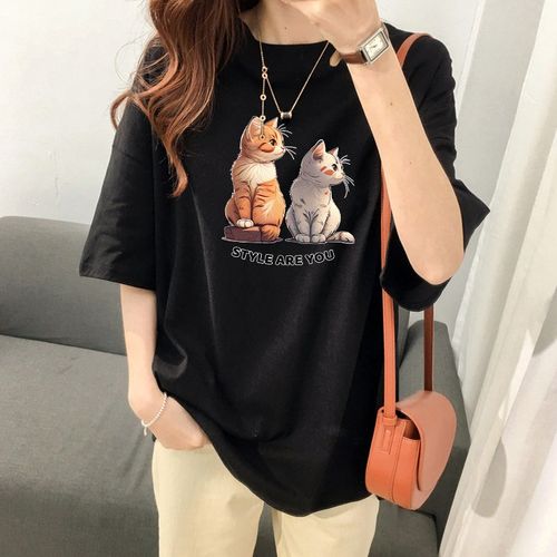 스타일아유 면100% 순면 귀여운 고양이 프린트 여름용 오버핏 반팔 티셔츠 원작 빅사이즈 루즈핏 반팔티 롱티 자체제작