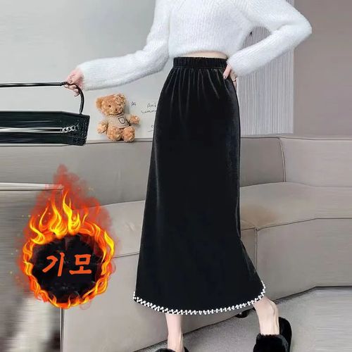 lacdi 벨벳 반치마 가을 겨울 기모 비즈 밴딩 셔링 롱스커트 여성 프리미엄 패션 슬림핏 캐주얼 프렌치 치마
