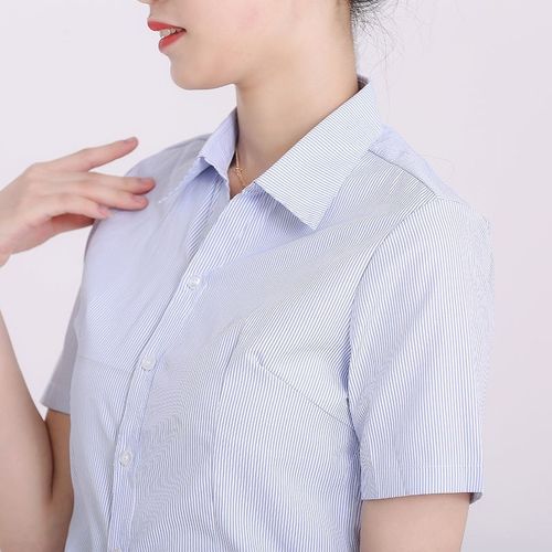 여성용 셔츠, 흰색 바탕에 파란색 줄무늬, 긴소매, 은행 직업용 다용도 작업복, 슬림핏, 세련된 스타일의 작업 셔츠
