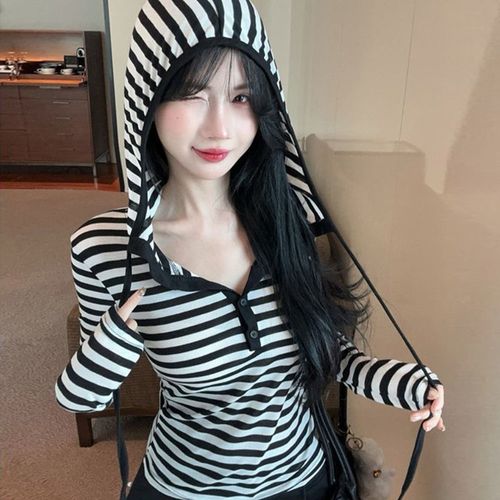 VEZRI 여성 가을겨울 후드 스트라이프 긴팔 슬림핏 스웨트 셔츠 카라 이너웨어 글래머 핏