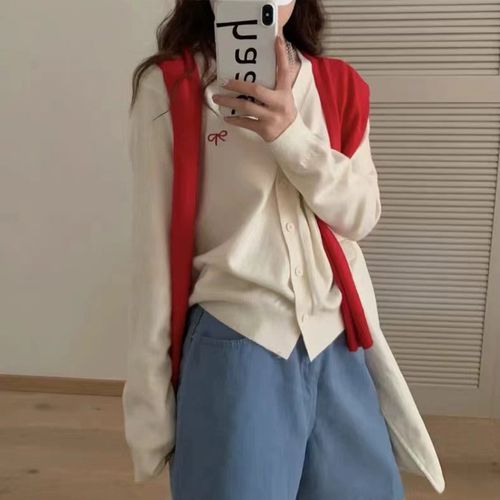 cammello 리본 자수 포인트 니트 가디건 기본핏 긴팔 가디건