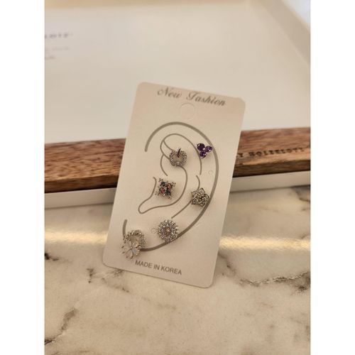 실버 보라 꽃큐빅 써지컬피어싱귀걸이세트(6개)