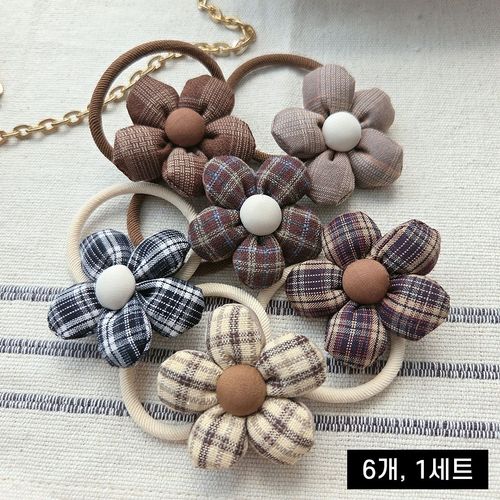 써니센스 체크 데이지 머리끈 꽃 곱창끈 빈티지 헤어끈 가을 여성 데일리 반묶음 머리끈
