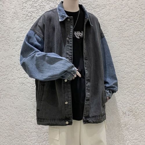 지고다그 여성 봄가을 데님 자켓 배색 소매 포인트 카라넥 루즈핏 버튼 디자인 캐주얼 데일리 아우터 BYA1099