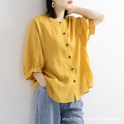 봄/가을 신상 여성용 면마 셔츠, 랜턴 소매 레트로 스타일 상의, 빅사이즈 루즈핏 중소매 셔츠, 여성 트렌디 아이템