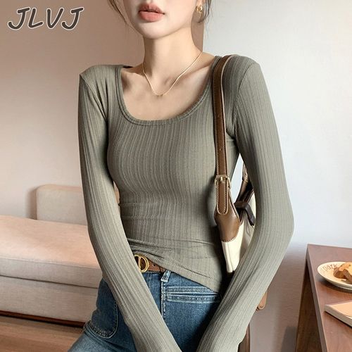 JLVJ 여자 봄가을 슬림핏 이너 긴팔티 라운드넥 스판 레이어드 긴팔티 여성 티셔츠