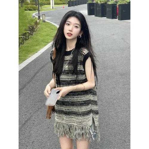 해피유통 여름 캐주얼룩 니트 민소매 상의 보헤미안 스타일 술장식 루즈핏 민소매탑M01