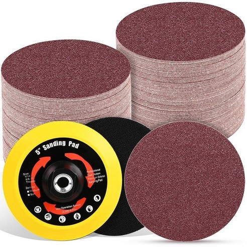 POTUINOM 12.7cm(5인치) 샌딩 디스크 70개(40-800 그릿) 및 버퍼 패드 1개 교체용 샌더 패드 1개